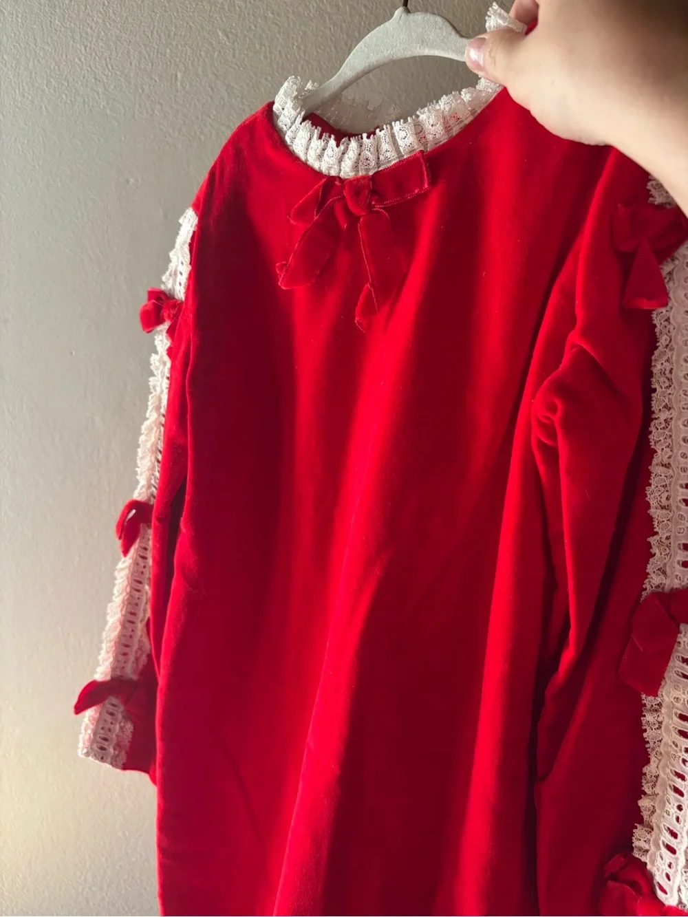 Genuine Vintage Red Velvet Lace-Trim Bow Dress